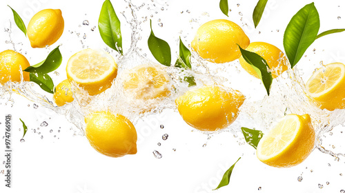 water splash with fresh lemmons. Whole and sliced lemons, leaves, levitating on a white background