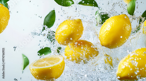 water splash with fresh lemmons. Whole and sliced lemons, leaves, levitating on a white background
