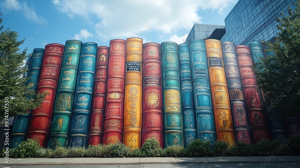 Colorful mural depicting stacked books on a building exterior. Colorful mural depicting stacked books on a building exterior.