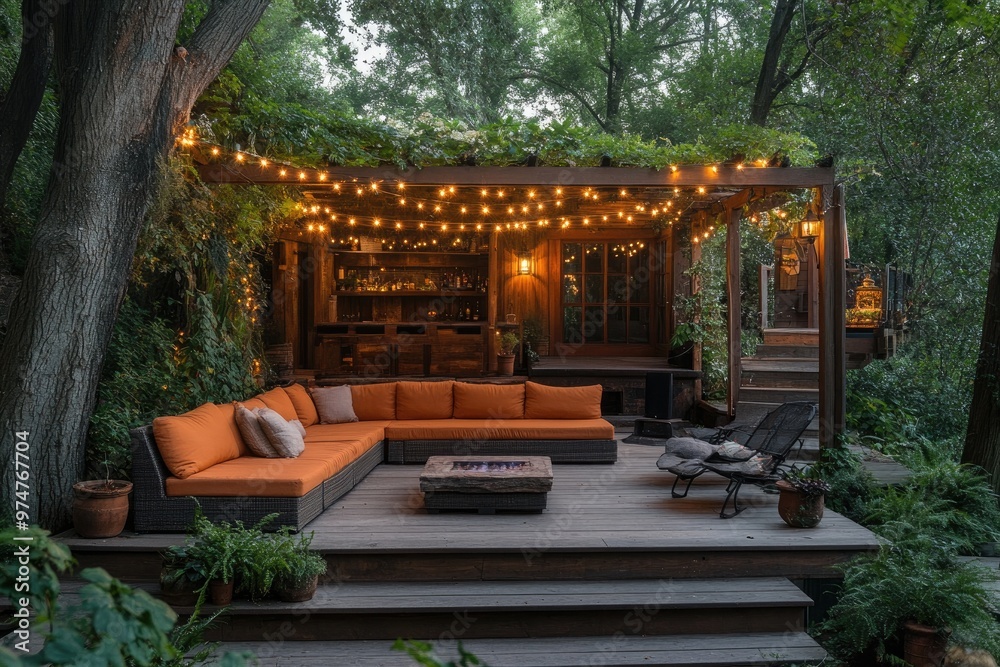 Obraz premium Modern backyard patio with fire pit and string lights at dusk