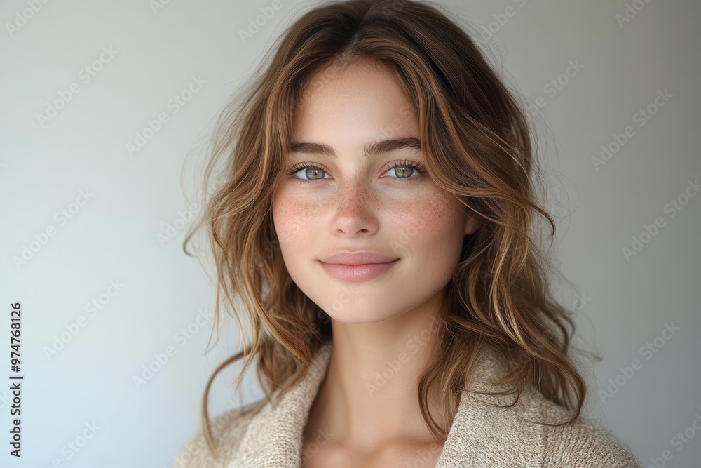Fototapeta premium radiant young woman portrait on clean white backdrop natural beauty genuine smile positive energy fresh and approachable lifestyle image