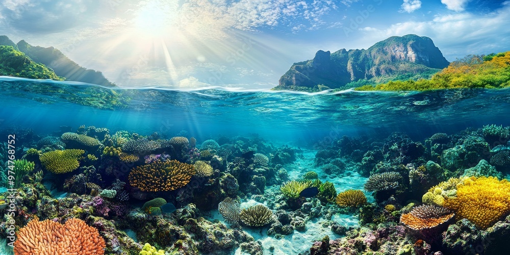 Naklejka premium Tropical island with bright coral reef below water.