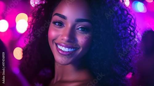 Glamorous Night: Smiling Curly-Haired African American Woman at a Vibrant Nightclub