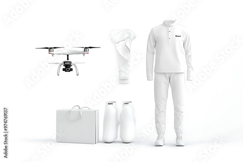 White delivery uniform with scouter and quadrocopter mockup photo