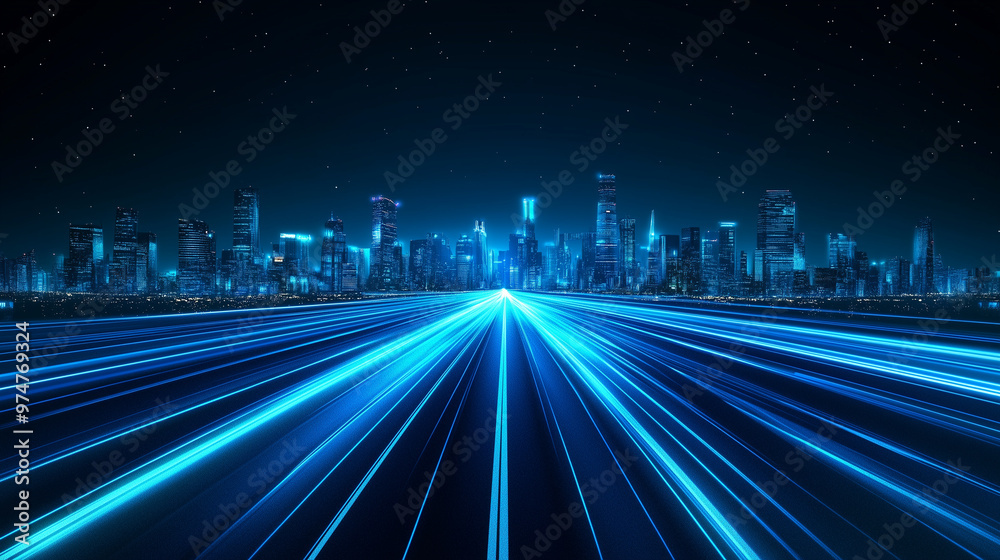 Bright Horizons: Glowing Cityscape and Highway Lines in Vector Art Bright Horizons: Glowing Cityscape and Highway Lines in Vector Art