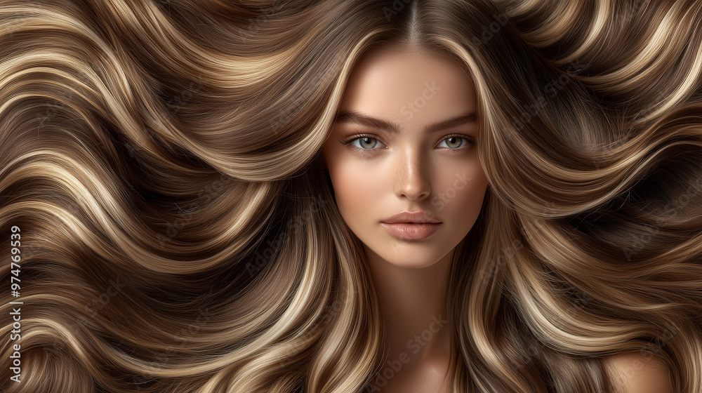 Obraz premium Colorful Elegance: Long Wavy Hair in Chestnut Brown and Blonde Shades