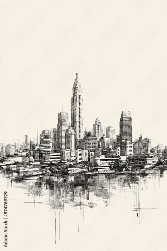 Fototapeta premium Manila, Philippines, black and white pen pencil hand-drawn effect portrait drawing illustration for travel poster, card, wallpaper, backdrop or banner. Modern, clear, artistic and simple