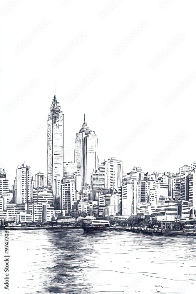 Obraz premium Manta, Ecuador, black and white pen pencil hand-drawn effect portrait drawing illustration for travel poster, card, wallpaper, backdrop or banner. Modern, clear, artistic and simple