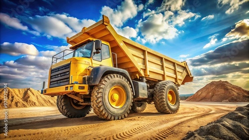 A massive yellow dump truck loaded with sand drives on a construction site, its oversized wheels and reinforced cargo hold standing out against a blue sky.