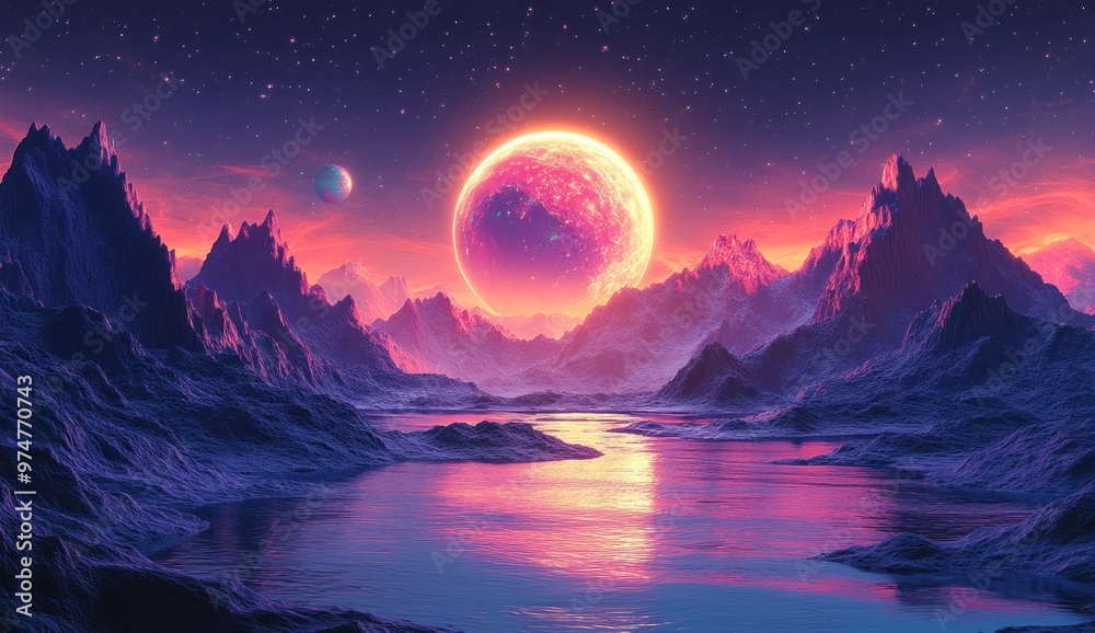 Surreal Landscape with a Giant Pink Sun
