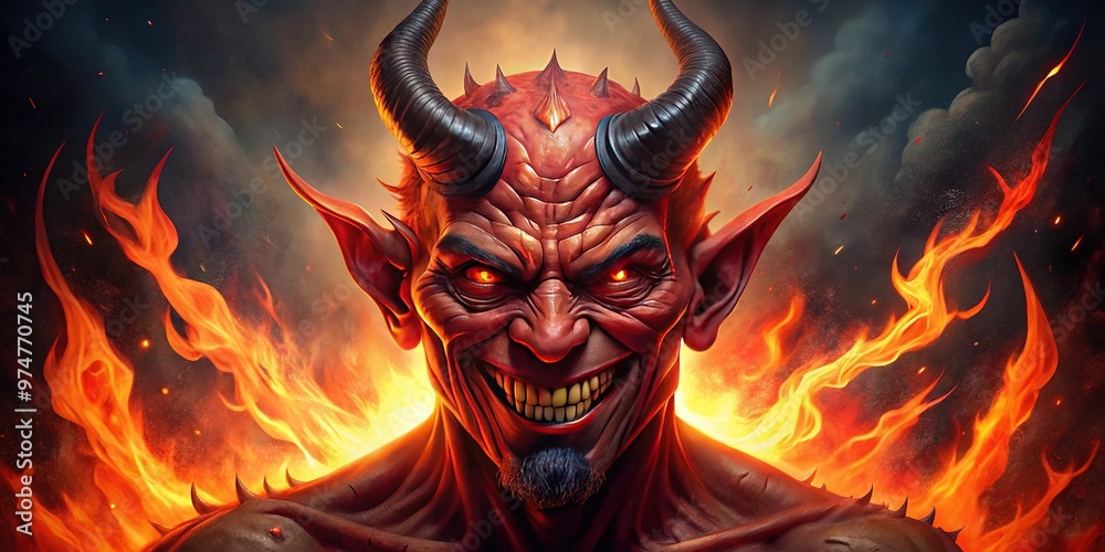 A menacing, red-skinned demon with horns, pointed ears, and a wicked grin, surrounded by flames, conveying evil and malevolent intentions in a dark, eerie atmosphere. A menacing, red-skinned demon with horns, pointed ears, and a wicked grin, surrounded by flames, conveying evil and malevolent intentions in a dark, eerie atmosphere.