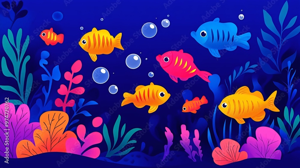 Colorful fish swimming in a vibrant underwater scene with seaweed and bubbles. Colorful fish swimming in a vibrant underwater scene with seaweed and bubbles.