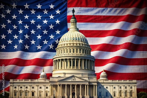 American flag background with illustrations of the legislative, executive, and judicial branches' symbols, highlighting the separation of powers in the federal government system.