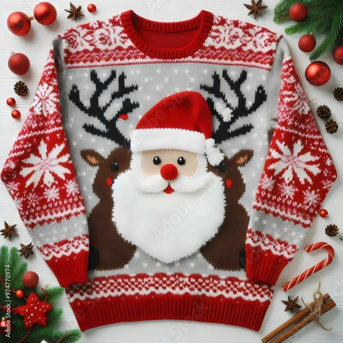 preparation for Christmas and New Year. Bright red and white sweater with Santa and Reindeer.3D illustration.	