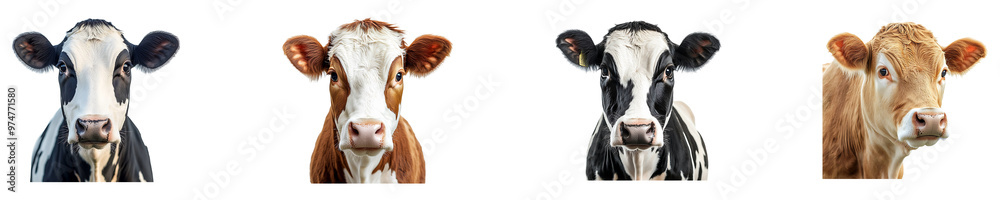 Set, collection of Farm cow or bull looking at the camera isolated on transparent background. Set, collection of Farm cow or bull looking at the camera isolated on transparent background.