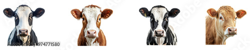 Set, collection of Farm cow or bull looking at the camera isolated on transparent background.