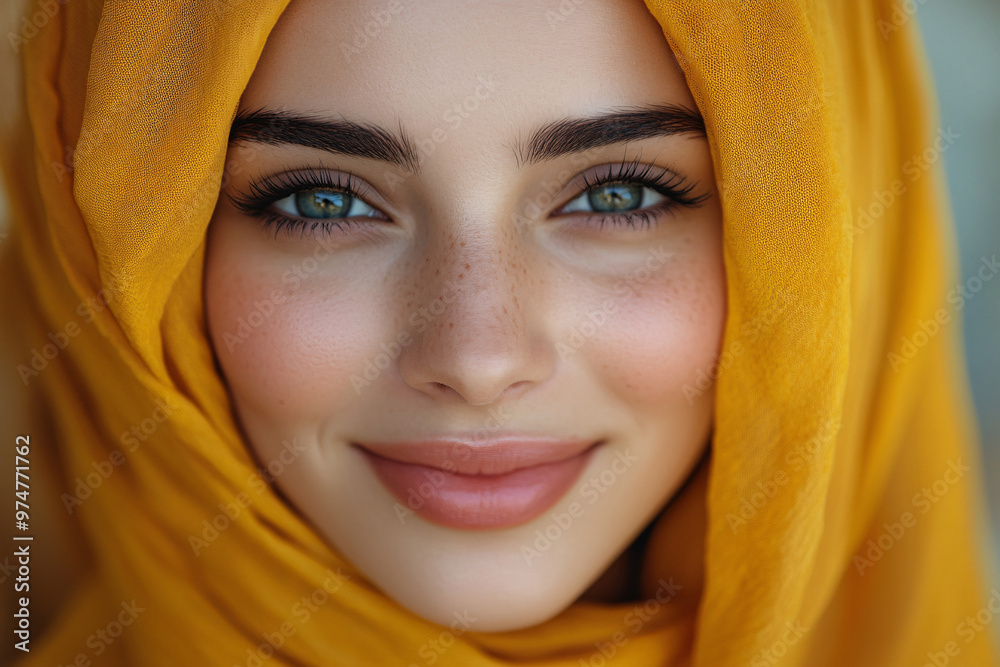 Smiling Arab Asian Muslim woman in yellow hijab clothes isolated on yellow background studio portrait, UAE people Middle East Islam religious concept. Smiling Arab Asian Muslim woman in yellow hijab clothes isolated on yellow background studio portrait, UAE people Middle East Islam religious concept.