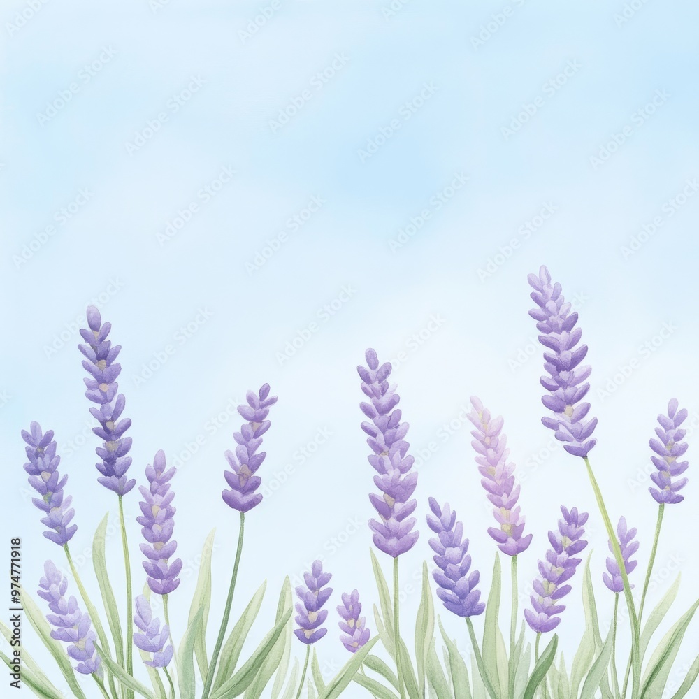 Naklejka premium A serene lavender field under a gentle blue sky, showcasing the beauty of nature and tranquility in soft pastel colors.