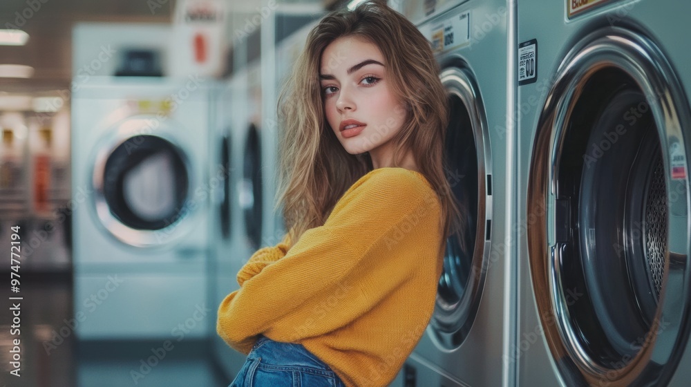 Young woman relaxing in a laundromat wearing a yellow sweater Young woman relaxing in a laundromat wearing a yellow sweater