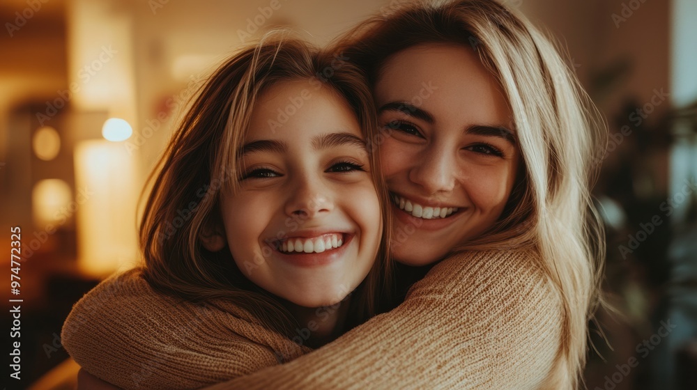 Two smiling women embrace warmly in cozy indoor setting at dusk Two smiling women embrace warmly in cozy indoor setting at dusk