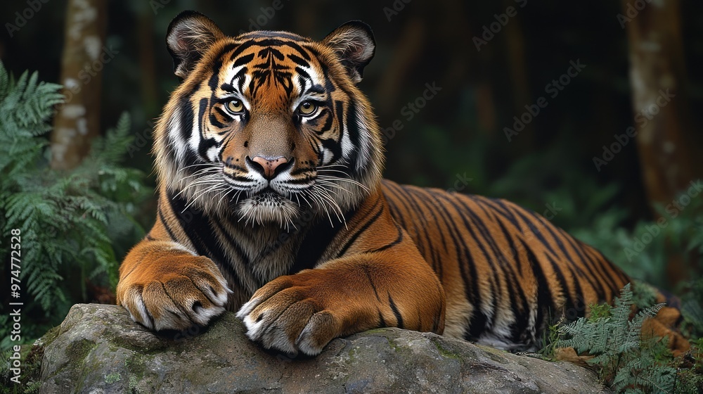 Obraz premium A majestic tiger resting on a rock in a lush forest setting.