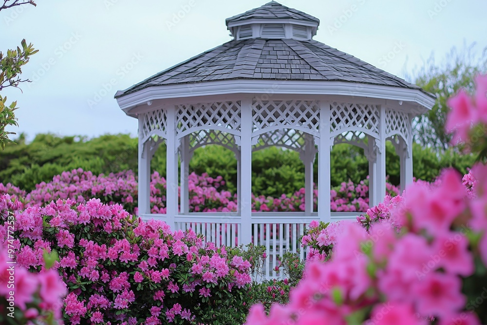 White Gazebo Surrounded by Blooming Pink Flowers White Gazebo Surrounded by Blooming Pink Flowers
