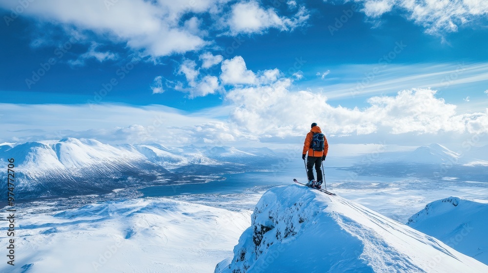 Obraz premium Skier on a Mountain Peak with a Breathtaking View