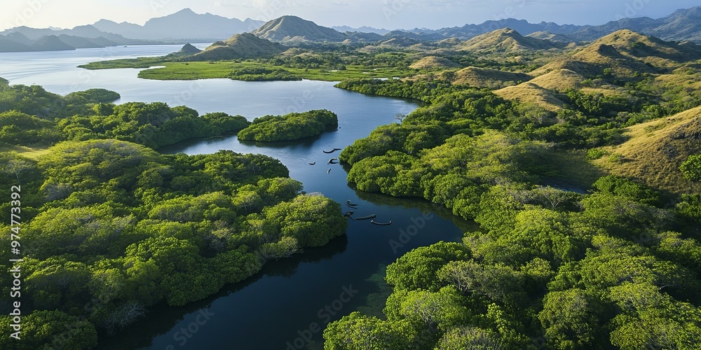 A winding river through lush green hills. A winding river through lush green hills.