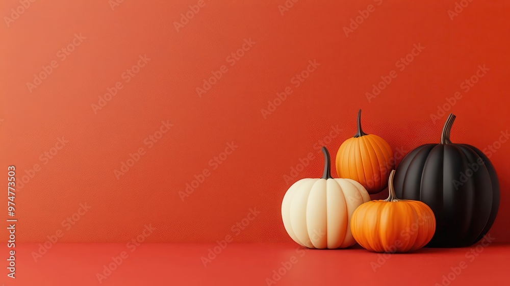 Pumpkin decorations, arranged on a festive table, 3D illustration, copy space for text, Pumpkin decorations, arranged on a festive table, 3D illustration, copy space for text,