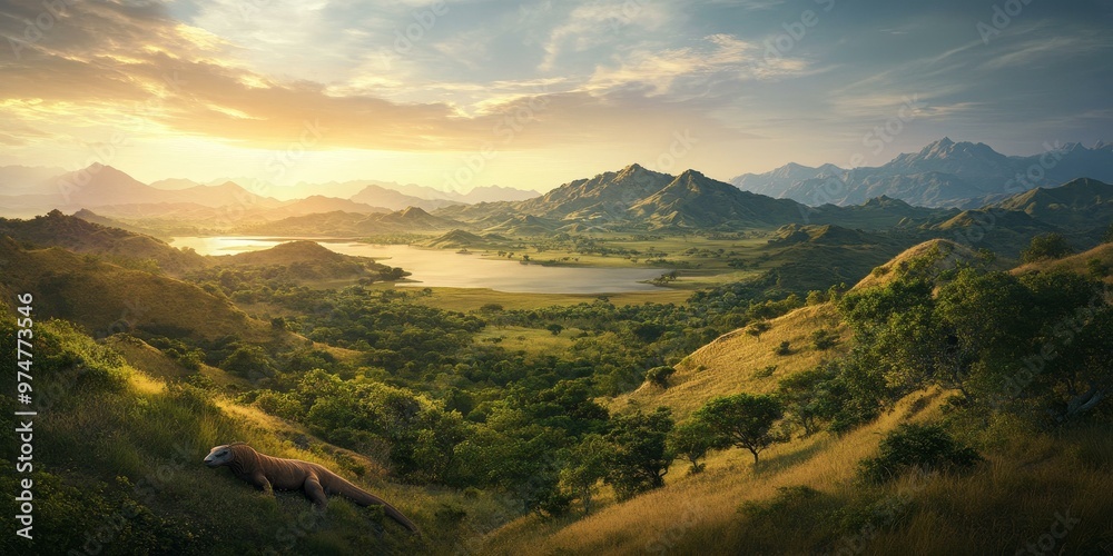 Naklejka premium A lizard in a lush, mountainous landscape.
