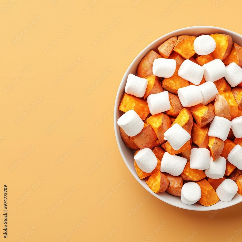 Roasted sweet potatoes, with marshmallow topping, 3D illustration, copy space for text, Roasted sweet potatoes, with marshmallow topping, 3D illustration, copy space for text,