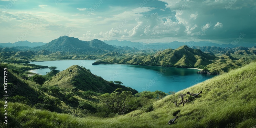Lush green hills surrounding a turquoise bay. Lush green hills surrounding a turquoise bay.