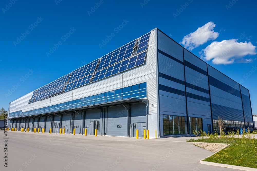 Modern industrial warehouse featuring expansive solar panels under a clear blue sky Modern industrial warehouse featuring expansive solar panels under a clear blue sky