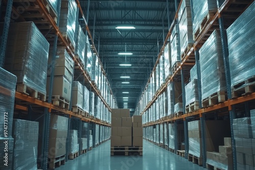 Modern logistics warehouse interior featuring organized shelves and efficient storage pallets