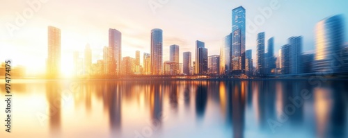 City skyline at dusk, buildings glowing with golden light, reflecting off a calm river, serene and vibrant glowtime moment