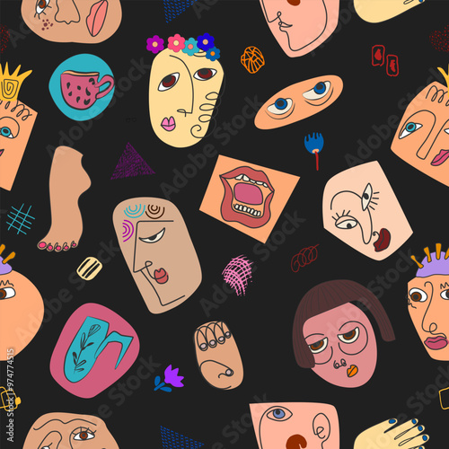Colorful abstract background with faces, body parts, cubist patterns.Pattern.