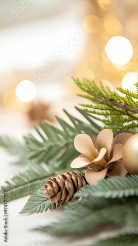 Christmas decorations featuring botanical elements, such as fern leaves and flowers, biologyinspired holiday photo