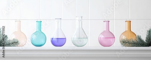 Christmas garland made of colorful pipettes and lab flasks, draped over a mantel, creative and scientific