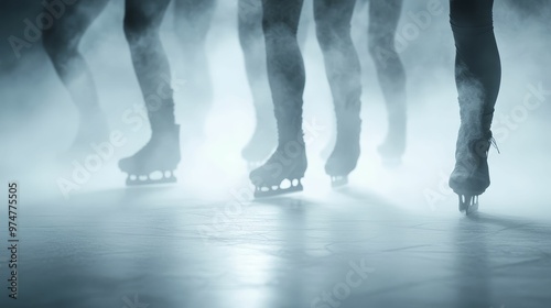 Ghostly figure skating competition on a foggy ice rink, skaters in ethereal costumes, eerie glow from below photo