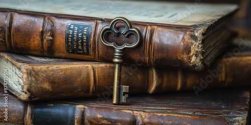 A professional shot of a tarnished brass key lying on a stack of aged leather-bound books, the texture of the key and books telling a story of years gone by