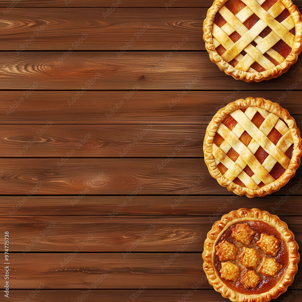 Thanksgiving pies, arranged on a wooden table, 3D illustration, copy space for text, Thanksgiving pies, arranged on a wooden table, 3D illustration, copy space for text,