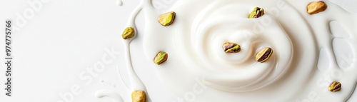 Pistachios dropping into a pool of white milk, surrounded by swirling splashes, creating a sense of motion and indulgence, Dynamic food shot, refreshing combination