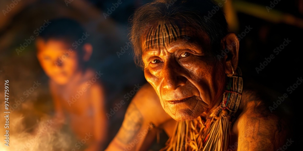 Obraz premium Close-up portrait of Indigenous man with tattoos.
