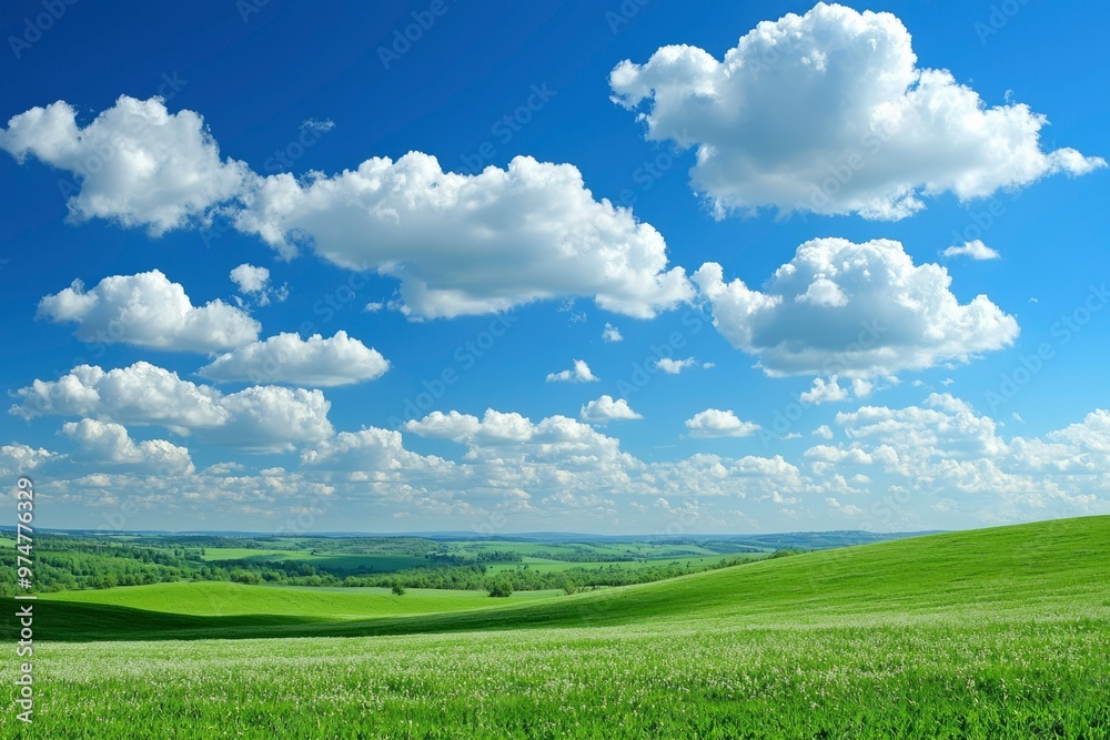 Rolling Green Hills with White Flowers and a Blue Sky with Fluffy Clouds Rolling Green Hills with White Flowers and a Blue Sky with Fluffy Clouds