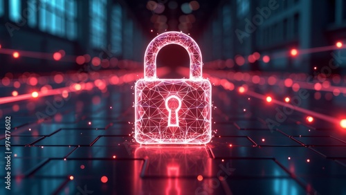 A vibrant digital padlock symbolizing cyber security with glowing red lines, set in a futuristic technology background, representing data protection and online security concepts.