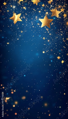 Luxurious dark blue christmas backdrop with glowing stars and golden decorations for text