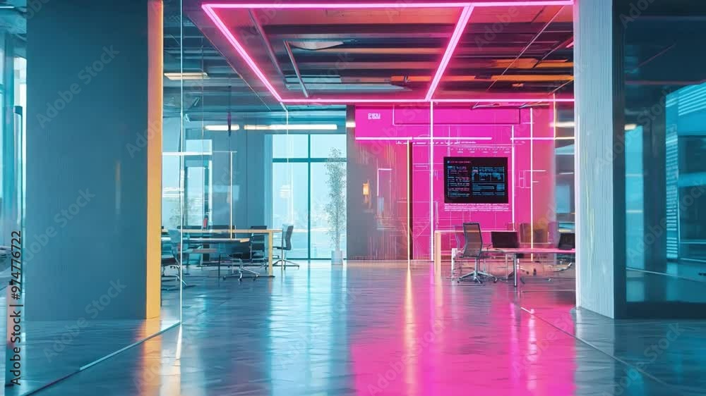 Brightly lit office space features neon accents, glass walls, and sleek furniture, creating a contemporary workplace atmosphere