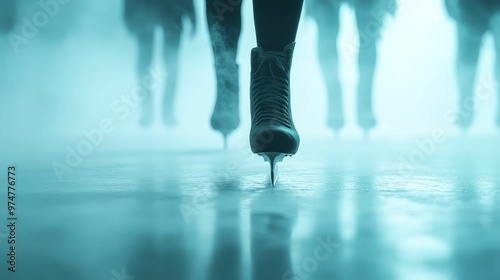 Ghostly figure skating competition on a foggy ice rink, skaters in ethereal costumes, eerie glow from below