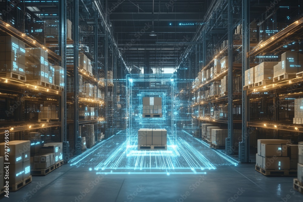 Futuristic warehouse with floating shelves and digital data lines transforming cargo handling Futuristic warehouse with floating shelves and digital data lines transforming cargo handling