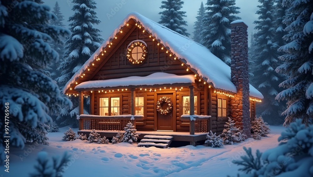 Fototapeta premium Cozy cabin in snowy woods with Christmas lights and wreath